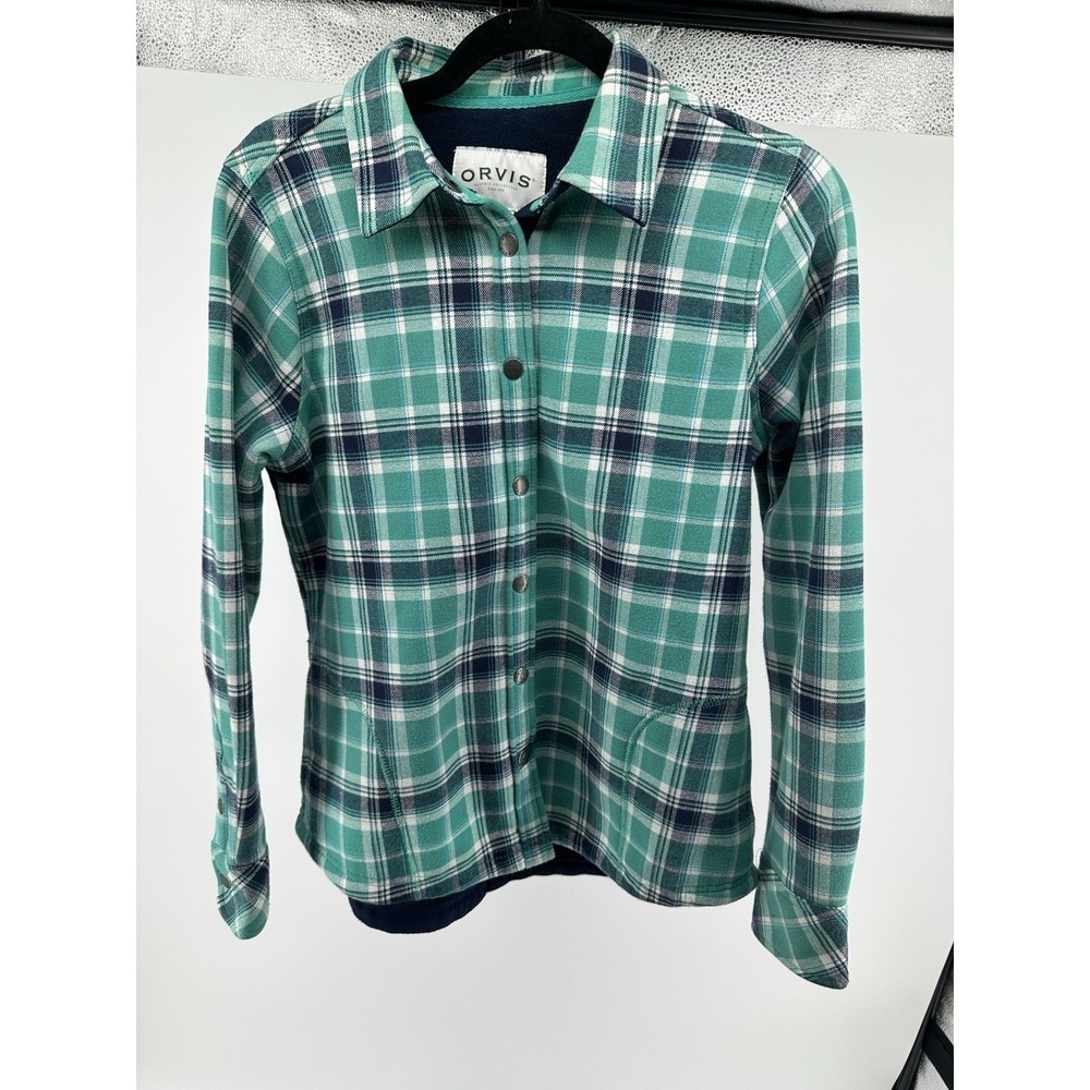 ORVIS Women's Small Fleece Lined Flannel Shirt Jacket Blue Green Metal Snaps